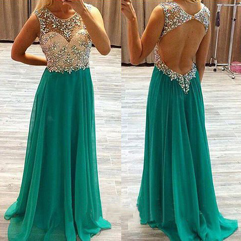 prom dress beaded crystal chiffon illusion scoop sweetheart teal neck dresses open