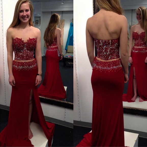 Crop Top Prom Dresses With Illusion Beads, Glittering Two Piece Prom Dresses, Sweetheart Prom