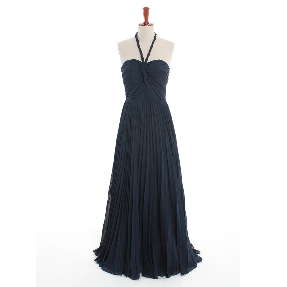 Dark Navy Bridesmaid Dress With Ruched Bust, Halter Flowy Chiffon