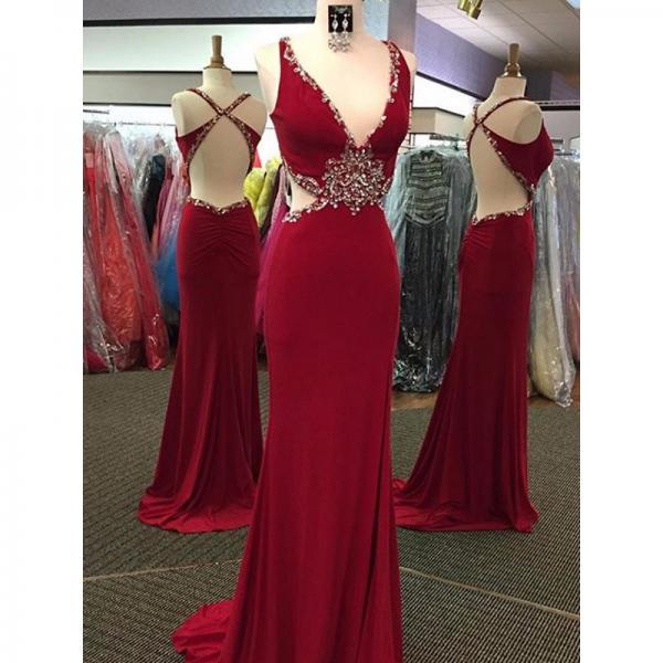 Cap Sleeve Princess Prom Dresses With Lace Appliques Red Illusion Prom Dresses Fashionable V