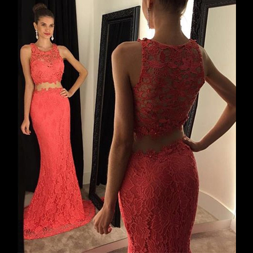 Long Sleeve Lace Prom Dress, Two Piece Prom Dress With Lace Appliques