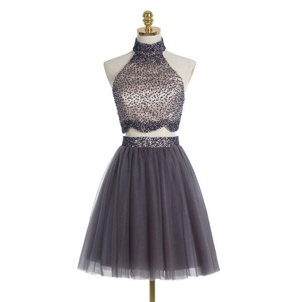 Gray TwoPiece Beaded Long Prom Dress With Horsehair Flounced Skirt on