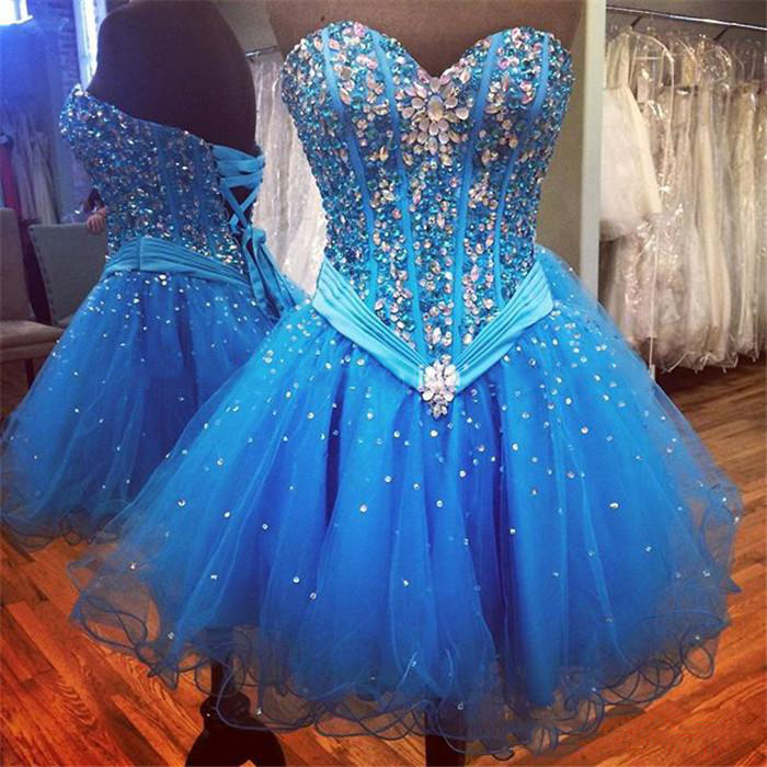 Blue Prom Dresses With Crystal Gemstone Beads, Pretty Sweetheart Prom
