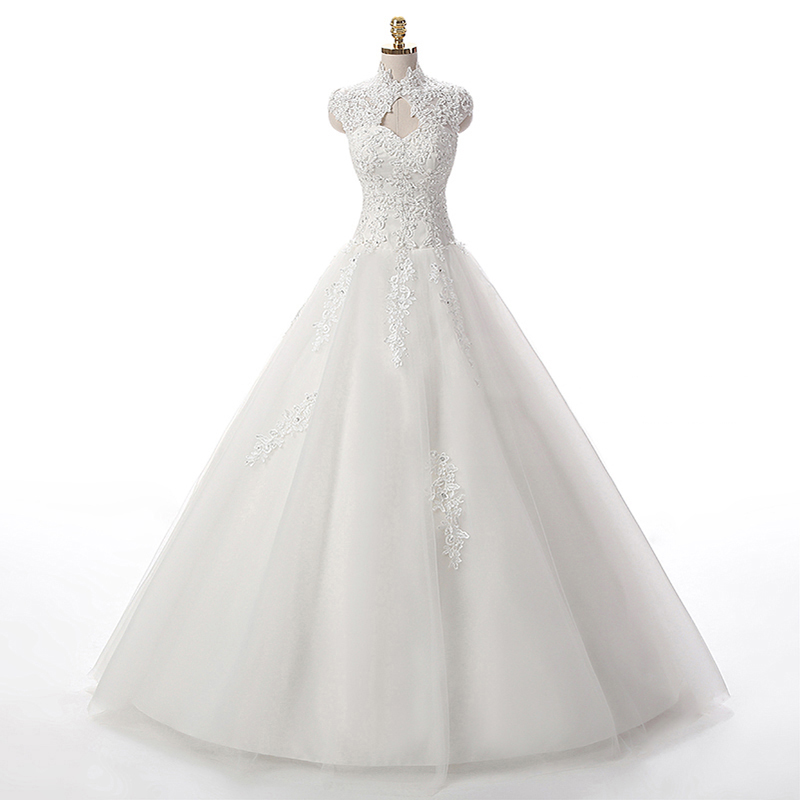 noble-cap-sleeve-high-neck-ball-gown-wedding-dresses-tulle-white-wedding-dresses-with-lace